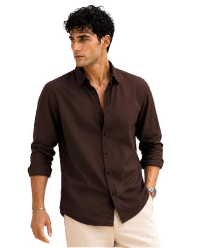 Image of Zilcon Men's Solid Coffee Brown Casual Cotton Blend Shirt