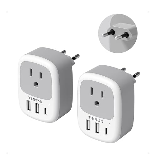 2 Pack European Travel Plug Adapter, TESSAN US to Europe Plug Adapter with 3 USB Ports (1 USB C),...