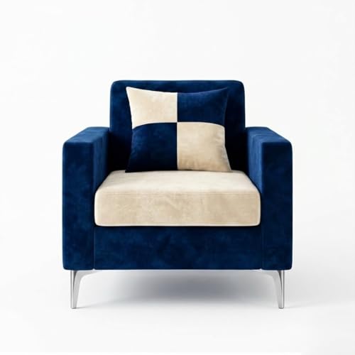 Image of FURNY Lushwood 3 Seater + 1 Seater + 1 Seater Sofa Set (Dark Blue-Cream) | Premium Suede Velvet Fabric Finish | Silver Metal Legs | Durable Comfort Sofa for Modern Living Room & Office Spaces