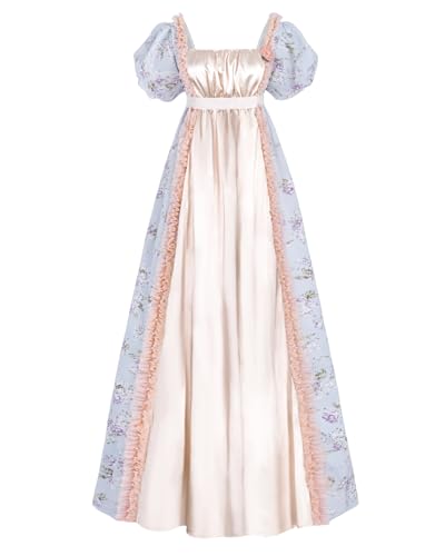 FCCAM Vestido Regency Mujeres Imperio Cintura Regency Disfraz Victoriano Lujoso Satén Vestidos, Rosa y azul., XXL