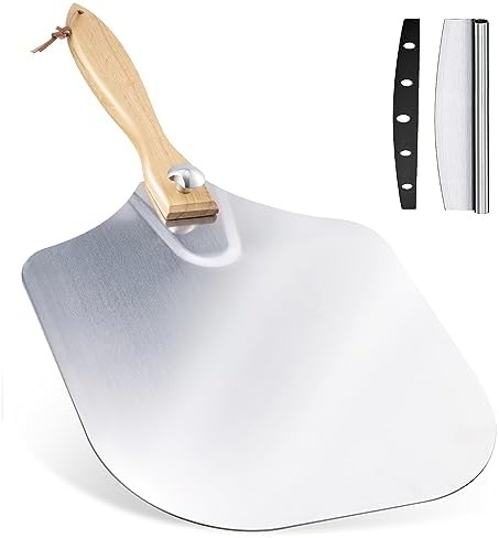 Ninonly Aluminum Pizza Peel 12" x 14" Pizza Paddle with Foldable Wood Handle, Metal Pizza Spatula with Rocker Cutter for Easy Storage&Clean, Pizza Tools for Pizza Oven Baking Pizza Bread Pastry