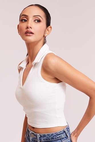 Image of BERRY BIRD Stylish Sleeveless V-Neck Slim Fit Collar Ribbed Knit Tank Crop Tops for Women & Girls Beach and Gym Wear and Western Trendy Fashion