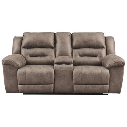Image of Signature Design by Ashley Stoneland Faux Leather Power Double Reclining Loveseat with Center Console, Light Brown