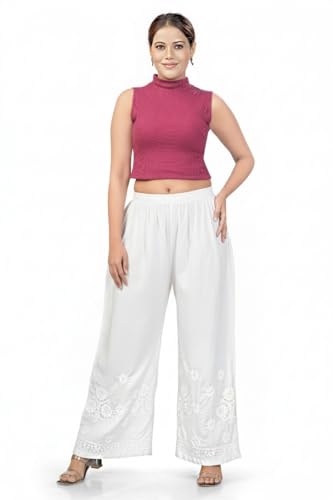 Image of Women's Palazzo Pants with Floral Embroidery, Elastic Waist, White,Black and Off White, Cotton, Lucknowi Style