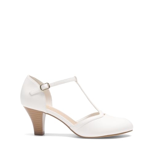 DREAM PAIRS Women's T-Strap Block Dress Heels Pumps,Beige/White,10 - image 4