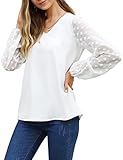 KOJOOIN Bluse Elegant Damen Hemd Lose Tops mit 3 4 Arm Knopf Top Tunika Chiffon Oberteile V-Ausschnitt Hemd Fledermausärmel Lose,Weiß L