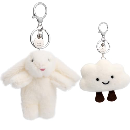 YILANFULL Bunny Keychain Cute Rabbit Key chain Kawaii Smiling Face Cloud Plush Keychains Bag Purse Backpack Bookbag Handbag Tote Charms (Beige)