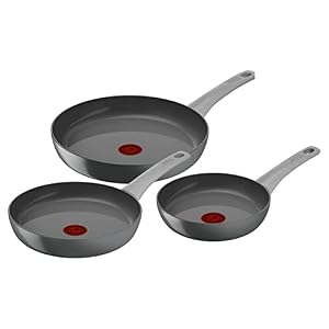 Tefal C4279132 Renew ON, keramische koekenpannenset, Keramische antiaanbaklaag, ontworpen, Gerecycled aluminium, Thermo-Signal, Alle warmtebronnen inclusief inductie, Set van 3,20/24/28 cm, Grijs