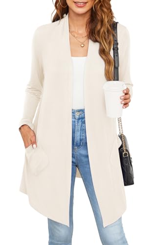 Wiwclo Veryoung Women's 2026 Draped Front Open Cardigan Casual Long Sleeve Lightweight Cardigans Duster with Pockets UK, Apricot, Small - Image 2