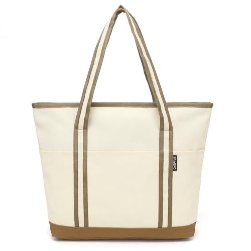Image of Large Canvas Tote Bag for Women, Beach Bag with Zipper, Utility Tote Bag with 3 Front Pockets, Weekender Pool Bag