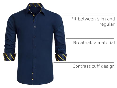 Image of HISDERN Mens Business Dress Shirts Long Sleeve Casual Button Down Shirt Formal Inner Collar Contrast Shirt for Men Wedding