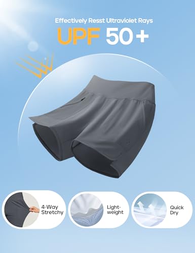 Image of Heathyoga 5 inch Swim Board Shorts Women Stretchy High Waisted Bathing Suits Bottoms Quick Dry UPF 50+ Beach Shorts with Liner
