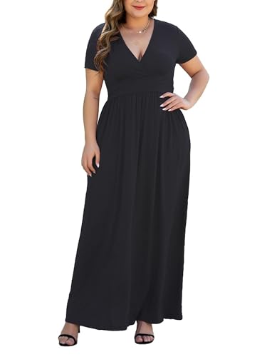 COSSEN Women's XL-5XL Plus Size Maxi Dresses Short Sleeve V-Neck Dress with Pockets2