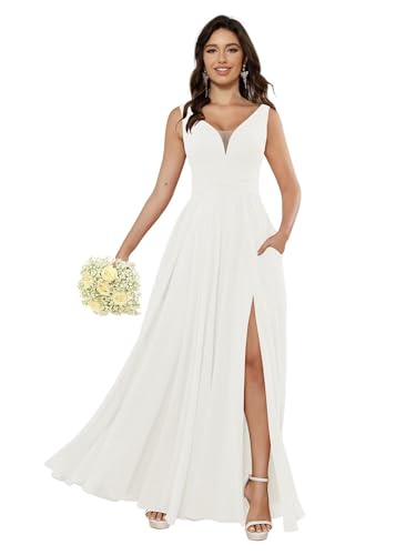 Miao Duo Women's Simple Sleeveless Bridesmaid Dresses Long with Pockets V Neck Formal Dresses with Slit YZTS138