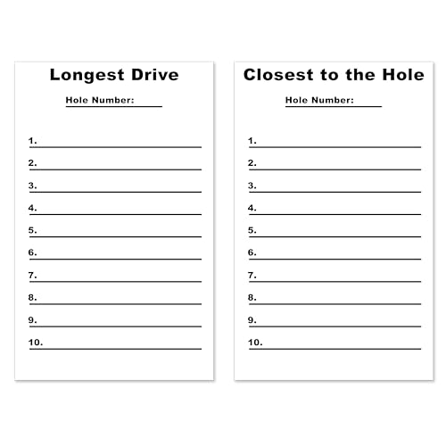 Longest Drive & Closest to Pin Marker Sheets – 50 Total (25 of Each) – Printable Golf Tournament Cards – Fits Proximity Stakes – 8.27x4.72 – 65lb Cover – 10 Player Spaces