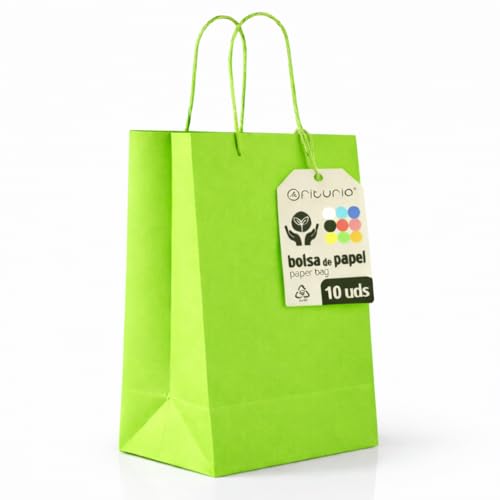 Bolsas de Papel Verdes M con Asa – 10 uds, Bolsas Resistentes y Reciclables para Regalo y Comercio – OFITURIA (24x11x32 cm, Verde)