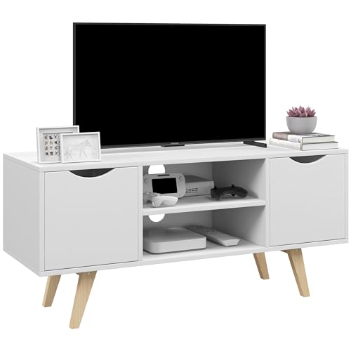 HOMCOM Mueble de TV Moderno Mueble para Televisores de 50 Pulgadas Mesa de TV para Salón con 2 Puertas 2 Estantes Abiertos y Patas de Madera 110x39x50 cm Blanco