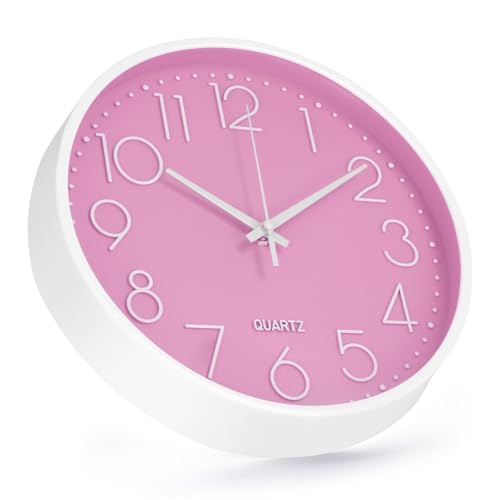 Image of Wall Clock Non-Ticking Silent Modern Simple Style Round Decor Clock Stereoscopic Dial Quartz Wall Clocks for Home /Office /School /Living Room /Bedroom /Kitchen (Pink, 8inch)