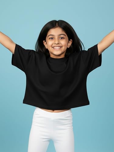 Image of KiddoPanti Girls 100% Cotton Solid Drop Shoulder Half Sleeve Round Neck Crop Tee