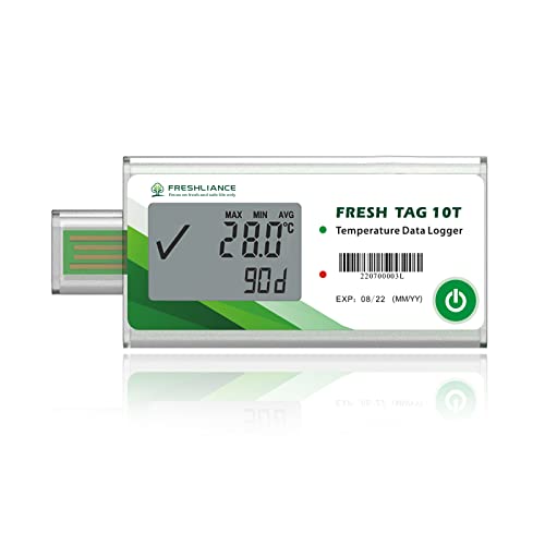 Freshliance LCD Temperature Data Logger, Single Use USB Temperature Recorder with PDF or CSV Report, 65000 Readings -22℉~158℉ High Accuracy, 90days, 1pack, Fresh Tag10T