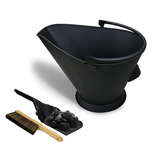Grisun Ash Bucket, Coal Bucket with Shovel and Hand Broom, Large Pail Metal Bucket Pellet Bucket Wood Pellet Container for Fireplace, Charcoal Wood Fire Pits Burning Stoves Indoor and Outdoor