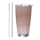 Mexpekil Isolierter Becher mit Strohhalm und Deckel, Edelstahl, Eiskaffeetasse, rosa Wildblumen, Gras, auslaufsicher, Reisebecher, Thermo-Wasserflasche, Geschenk für Damen und Herren, 590 ml