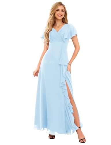 Image of WilFiks Ruffle V Neck Bridesmaid Dresses for Women Long Ruched Chiffon Formal Wedding Guest Dress Evening Gowns with Slit