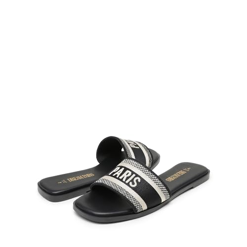 Image of DREAM PAIRS Women's Flat Sandals Slip On Slides Sandals Square Open Toe Jacquard Braided Fashion Slides Casual Beach Slippers for Summer