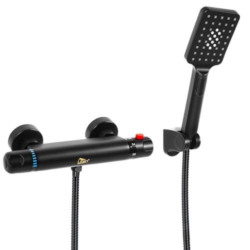 Grifo Ducha Termostatico Set Negro, Uten Grifería de Ducha, Completo con Alcachofa de Mano, Manguera 150cm, Mezclador Monomando, Latón Cromado
