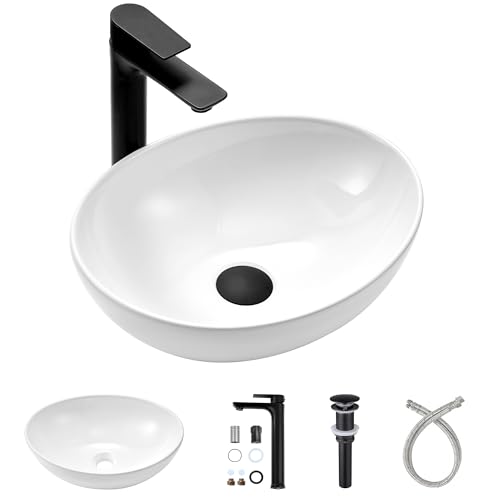 Xiiwin 16 inch White Oval Bathroom Vessel Sink with Faucet, 16'x13' Above Counter Ellipse Ceramic...