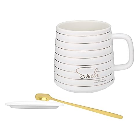 Coffee Mug with Lid and Spoon, Ceramics Tea Cup for Office and Home, 16 oz, Suitable for Dishwasher and Microwave, Funny Gifts for Women Friends Coworkers Boss Employee (White) Cover