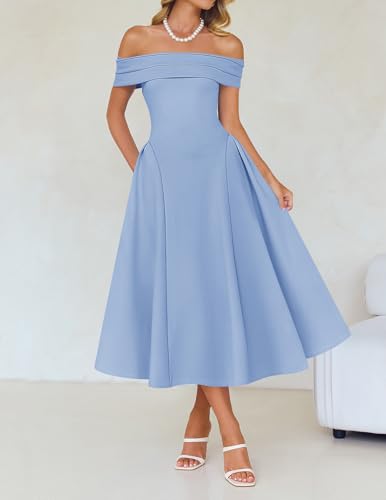 ZESICA Cocktail Dresses for Women's Elegant Off Shoulder Short Sleeve Swing A Line Wedding Evening Party Midi Dress