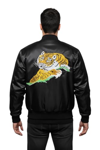 Image of My Party Shirt Rocky Balboa Tiger Black Jacket - Everyday Wear & Costume Embroidered Satin Bomber Coat Boxing Movie 70s Gift