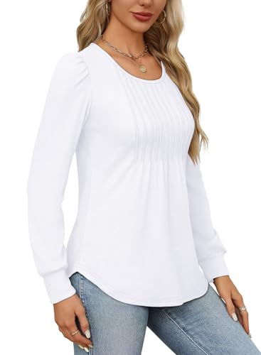 OFEEFAN Long Sleeve Shirts for Women Fall Tops Dressy Casual Blouses Pleated Scooped Neck Tunic Tops for Leggings4