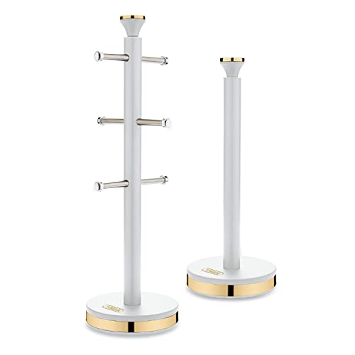 Tower Cavaletto Mug Tree and Towel Pole Set with Anti-Slip Base, White and Champagne Gold