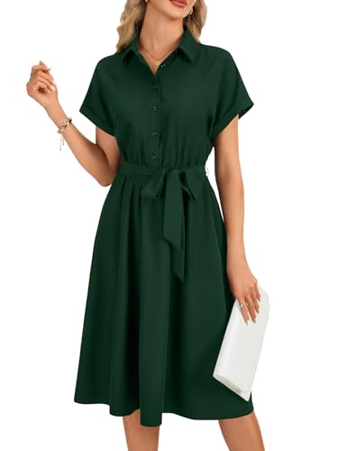 Image of LYANER Women's Midi Dresses V Neck Button Down Tie Waist Short Sleeve Ruffle Hem Dress