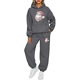 Generisch Weihnachts Damen Jogginganzug 2-teilig Lustig Rotweinglas Druck Kapuzenpullover + Jogginghose Warm Fleece Gefüttert Oversize Winter Freizeitanzug Kuschelig Xmas Trainingsanzug Set Homewear