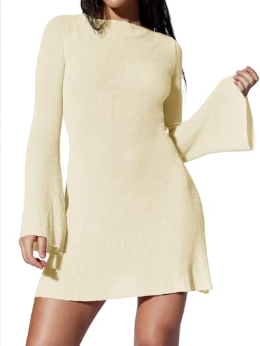 Saodimallsu Womens Swimsuit Coverup Backless Bell Long Sleeve A Line See Through Knit Summer Beach Mini Dress