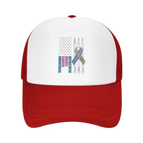 Metastatic Breast Cancer Awareness Trucker Hat Summer Mesh Cap with Adjustable Snapback Strap Unisex Red