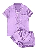 Picture of Remidoo Womens Satin Short Sleeve Button Down Pajamas 2 Piece Set Loungewear Purple Medium