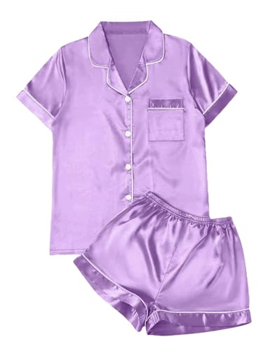 Remidoo Women's Causal Short Sleeve Button Down Satin 2 Piece Pajama Set Sleepwear Loungewear