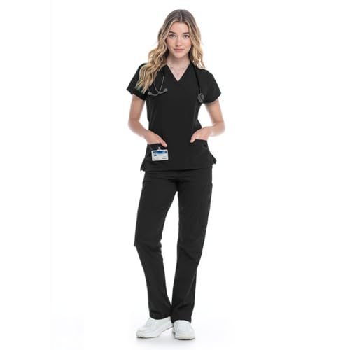 RAYGARD - RAYGARD Women’s Medical Scrub Set – Stretch V-Neck Top & Cargo Pant Nurse Uniform with 8 Pockets (Black, Medium)