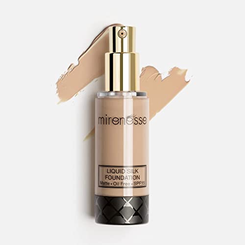 Mirenesse Skin Clone Liquid Silk Foundation SPF 15, Mineral Powder with Natural Matte Finish, Oil Free & Long Lasting High Coverage, Minimizes Pores, Vegan & Toxin Free, 23 Mocha 1.2oz