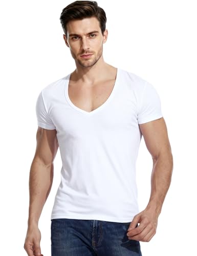 Zbrandy Mens Deep V Neck T-Shirts Vneck Tshirt Low Cut Undershirts Slim Fit Short Sleeve Tees White L