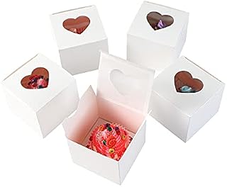 Komonee 24 x Cupcake Boxes Individual White Heart Shape Clear Window Single Fairy Cake Cardboard Packaging Box Baking Kids Muffins Cookies Weddings
