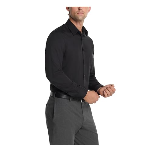 Calvin Klein Men's Slim Fit Non-Iron Herringbone Point Collar Dress Shirt, Black, 14.5' Neck 32'-33' Sleeve