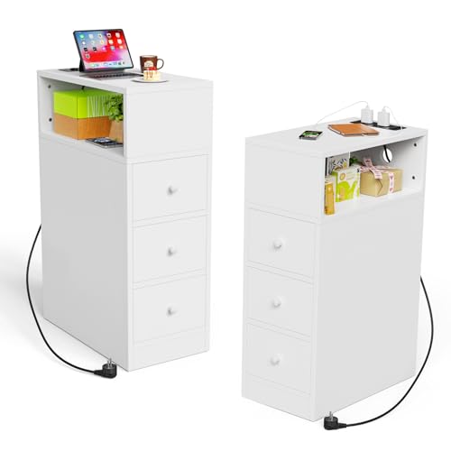 Chleby Juego de 2 Mesitas de Noche con Estación, Mesillas de Noche con 3 cajones Dormitorio, Mesita Auxiliar Alta 25x45x70cm,