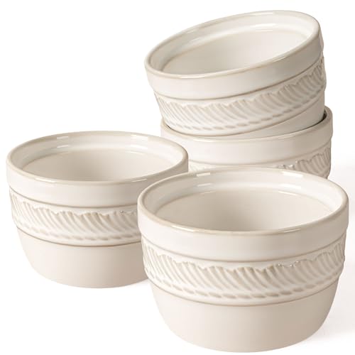 Artena Ramekins Oven Safe, Creme Brulee Ramekins, Embossed White Ceramic Ramiken, Souffle Pudding Custard Cups, Baking Dish, Dipping Bowls, Sauce Cups