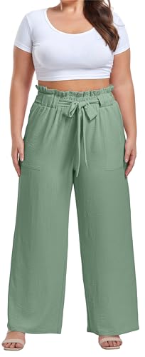 Image of OLRIK Women's Plus Size Pants Adjustable High Waisted Wide Leg Palazzo Pants Casual Trousers with Pockets Spring Clothes