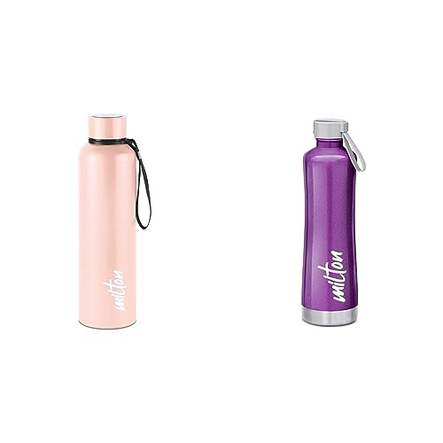 Image of Milton Aura 1000 Thermosteel Bottle, 1.05 Litre, Beige & Milton New Tiara 900 Stainless Steel Water Bottle, 750 ml, Purple